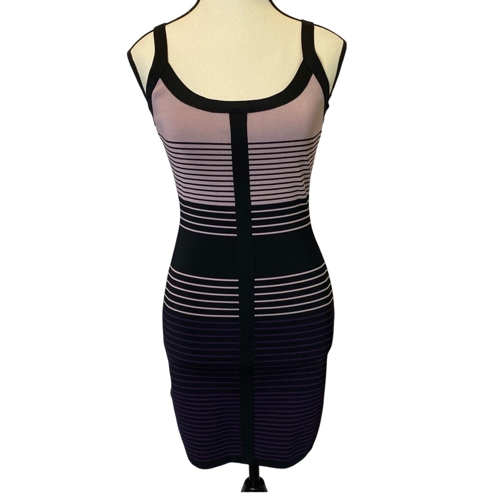 BCBGMaxAzria Women's Bodycon Dress Large‎ Black and Purple Striped Mini